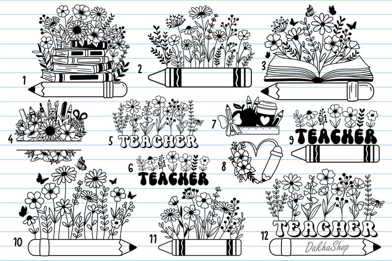 Peut inclure: Illustrations en noir et blanc avec des motifs floraux, des livres, des crayons et le mot "Teacher". Les images incluent des papillons et des &eacute;l&eacute;ments scolaires, parfaits pour les cadeaux de remerciement aux enseignants.
