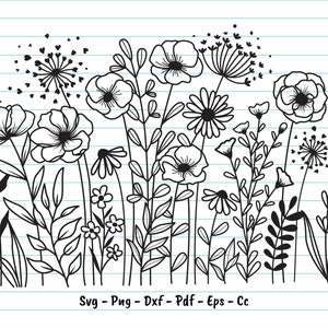Bloem Svg, wilde bloemen Svg, handgetekende bloeiende wilde bloemenweide Svg, bloem Svg-bestanden knippen, bloem Svg-bestanden voor Cricut, Svg, png, dxf.
