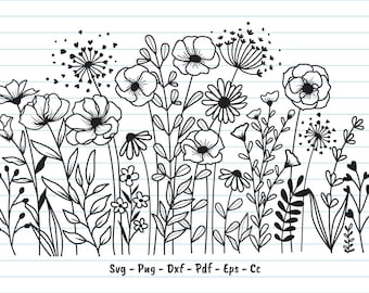 Flower Svg, Wildflower Svg, Hand Drawn Blooming Wildflower Meadow Svg, Flower Svg Cut Files, Flower Svg Files For Cricut, Svg, Png, Dxf.