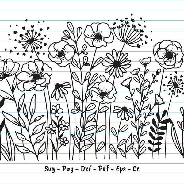 Flower Svg, Wildflower Svg, Hand Drawn Blooming Wildflower Meadow Svg, Flower Svg Cut Files, Flower Svg Files For Cricut, Svg, Png, Dxf.