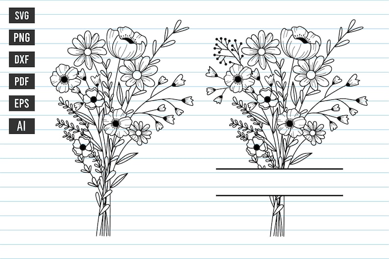 May include: Black and white floral bouquet design. The image features two bouquets of various flowers, including daisies and poppies. The design is suitable for SVG, PNG, DXF, PDF, EPS, and AI formats.