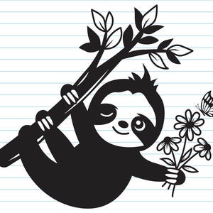 May include: A black and white illustration of a sloth hanging from a tree branch and holding a bouquet of flowers. A butterfly flies nearby.