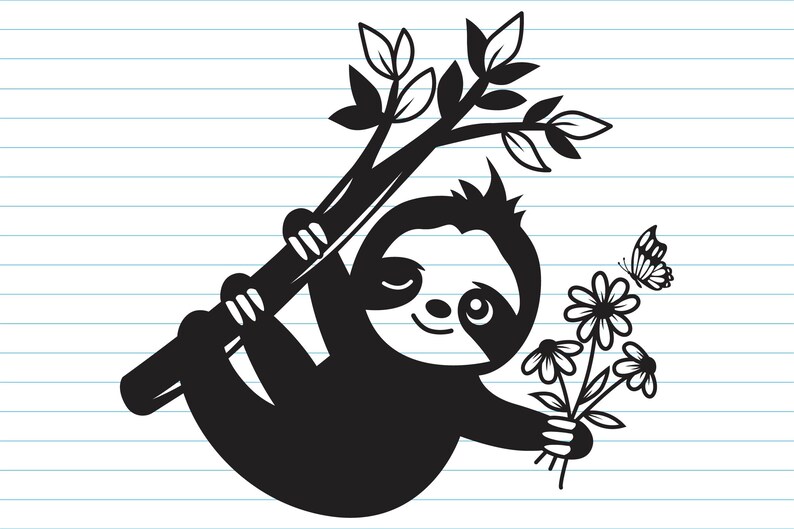 May include: A black and white illustration of a sloth hanging from a tree branch and holding a bouquet of flowers. A butterfly flies nearby.
