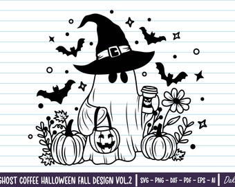 Lindo fantasma de café, Halloween, otoño, Svg, Halloween, Svg, Otoño, Svg, Calabaza, Svg fantasma espeluznante, Lindo fantasma de flor, Svg de camiseta de Halloween.