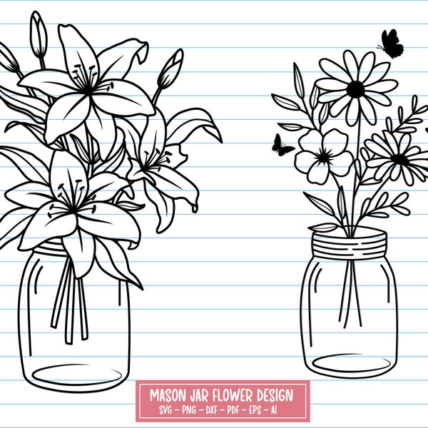 Mason jar flowers svg bundle, Mason jar svg, Mason jar Lily, Flowers Svg, Lily Svg, botanical svg, Mason jar clipart, Svg Files For cricut.