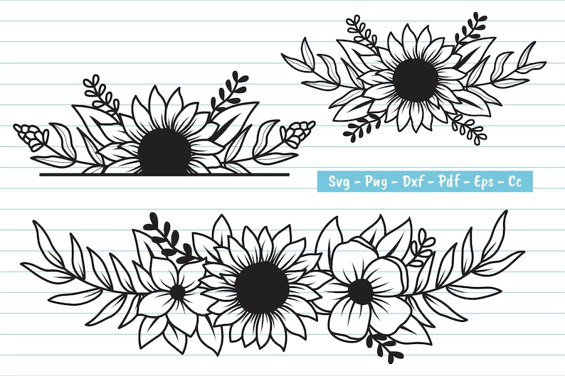 May include: Two black and white floral arrangements featuring sunflowers and other flowers. The top arrangement is a single sunflower with leaves and stems. The bottom arrangement has a sunflower, two smaller flowers, and leaves and stems.