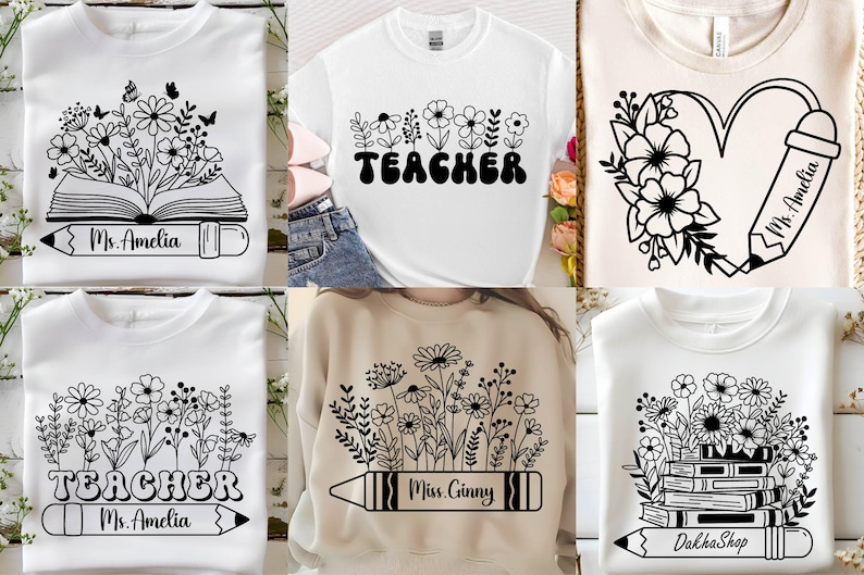 Peut inclure: Collection de t-shirts blancs et un sweat-shirt beige avec des motifs floraux et des graphiques sur le th&egrave;me des enseignants. Les motifs comprennent des livres ouverts, des crayons et le mot "Teacher". Certains ont des noms comme "Ms. Amelia" et "Miss Ginny".