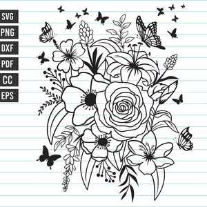 Blumen-Svg, Blumen- und Schmetterling-Svg, Blumenstrauß-Svg, Schmetterling-Svg, Blumen-Svg-Schnittdateien, Blumen-Svg-Dateien für Cricut, svg, png, dxf.