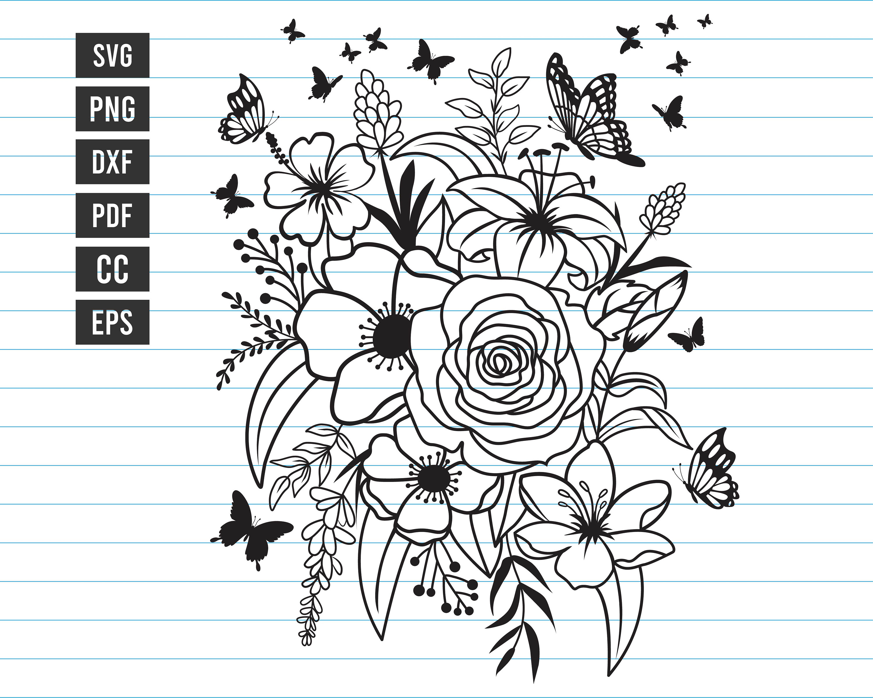 Flower Svg Flower and Butterfly Svg Flower Bouquet Svg Etsy