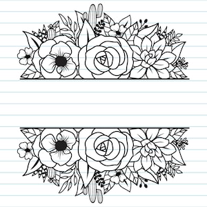 May include: Black and white floral design featuring a rose, anemone, and succulent arrangement. The design includes a cactus and leaves, with a horizontal line above and below the floral elements. The image also includes the text "SVG, PNG, DXF, PDF, CC, EPS".