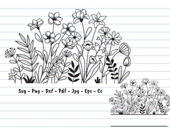 May include: Black and white line drawing of a cluster of flowers and leaves on a white background with blue lines. The text "Svg - Png - Dxf - Pdf - Jpg - Eps - Cc" is below the image.