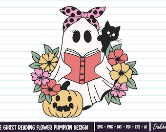 Lindo fantasma leyendo un libro Svg, archivos PNG, fantasma Svg, temporada espeluznante Svg, gato fantasma Png, fantasma de Halloween Svg, fantasma floral, fantasma Svg para camisa.