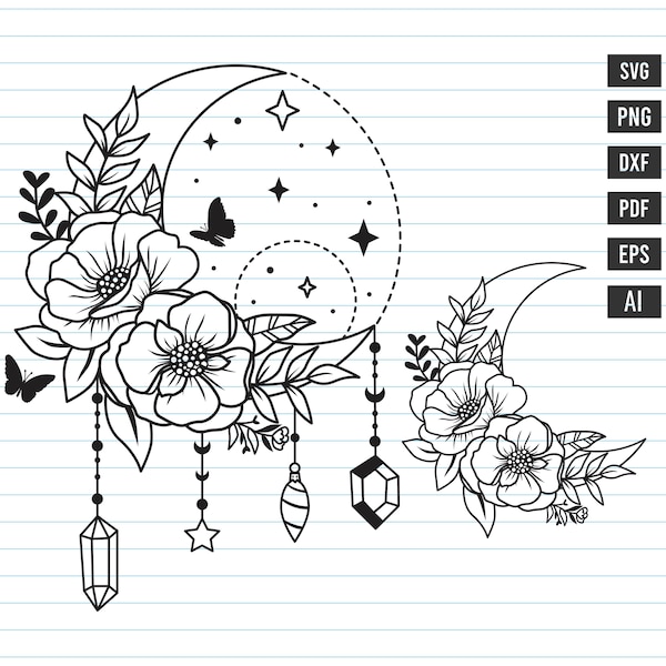 Flower Moon Svg, Crescent Moon Svg, Flower Svg, Floral Moon Svg, Moon Svg, Crescent Moon Png, Celestial Moon Svg, Boho Moon Svg, Floral Png.