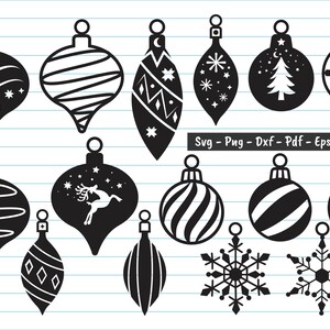 Op de afbeelding: Een set van 14 zwart-witte kerstversiering SVG-snijbestanden. De ornamenten hebben verschillende ontwerpen, waaronder sneeuwvlokken, sterren, een rendier, een kerstboom en strepen.