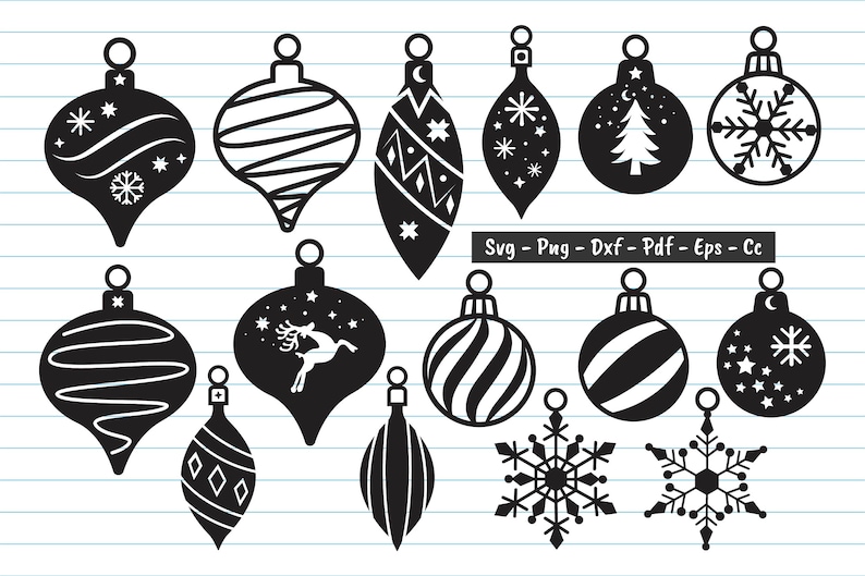 May include: A set of 14 black and white Christmas ornament SVG cut files. The ornaments feature various designs, including snowflakes, stars, a reindeer, a Christmas tree, and stripes.
