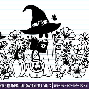 May include: Black and white illustration of a ghost wearing a witch hat and reading a book. The ghost is surrounded by flowers and pumpkins. The text "CUTE GHOST COFFEE READING HALLOWEEN FALL VOL.3" is at the bottom of the image.