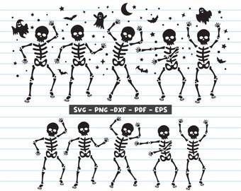 Puede incluir: Un conjunto de diez ilustraciones de esqueletos negros en varias poses de baile. Los esqueletos están delineados en negro y tienen un estilo simple y de dibujos animados. Las ilustraciones están sobre un fondo blanco con un patrón de cuadrícula sutil.