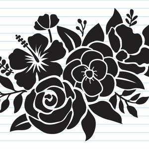 Pode incluir: Uma silhueta preta e branca de um buqu&ecirc; de flores com um hibisco, uma rosa e outras flores.