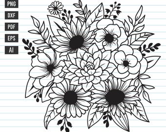 SVG de flores, SVG de ramo de flores, archivos de corte SVG de flores, ramo floral, PNG de ramo de flores, archivos SVG de flores, dibujo lineal, SVG floral para bodas.