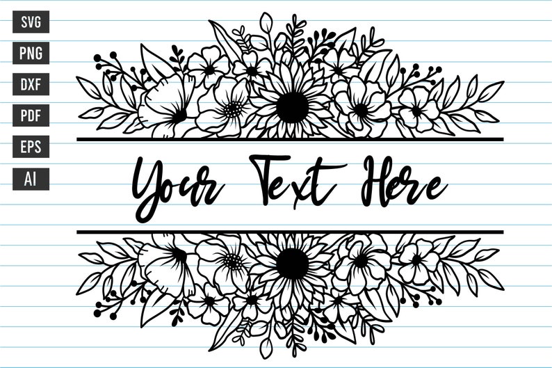 K&ouml;nnte beinhalten: Schwarzwei&szlig;es Blumenmuster mit dem Text "Your Text Here" in der Mitte. Das Blumenmuster besteht aus verschiedenen Blumen und Bl&auml;ttern.