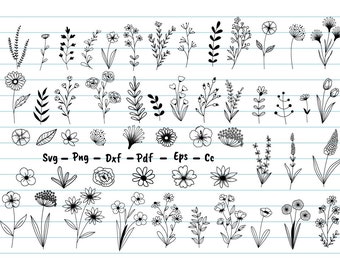 53 Blumen-Svg-Dateien, Wildblumen-Svg-Dateien, Wildblumen-Svg-Dateien, Blumen-Svg-Dateien, Blumen-Svg-Dateien für Cricut, Blumen Clipart, Dxf-Dateien.
