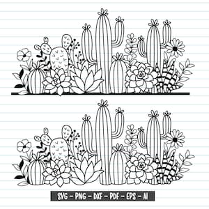 Könnte beinhalten: Schwarz-weiß-Linienzeichnung einer Gruppe von Kakteen und Sukkulenten. Die Illustration befindet sich auf einem weißen Hintergrund mit blauen Linien.