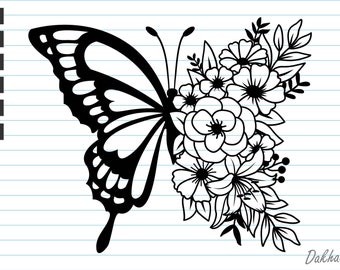 May include: Black and white silhouette of a butterfly with its wings spread out, partially obscured by a cluster of flowers. The butterfly is facing left and the flowers are on the right side of the image.