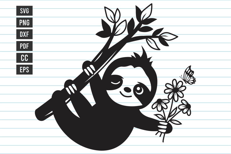 May include: A black and white illustration of a sloth hanging from a branch with a bouquet of flowers and a butterfly.