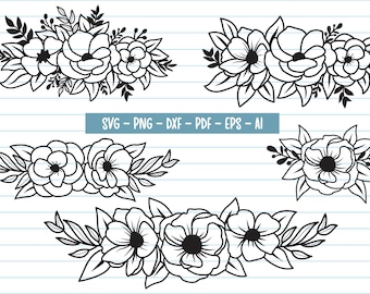 Può includere: Cinque composizioni floreali in bianco e nero con una varietà di forme e dimensioni di fiori. Le composizioni sono disposte orizzontalmente e sono adatte per progetti di artigianato.