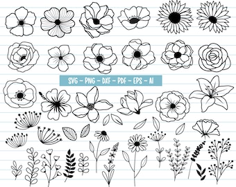 42 Flower Svg, Flower Bundle Svg, Wildflower Svg, Flowers And Leaves, Flower Svg Cut Files, WildFlower Svg Bundle, Digital Print, Svg, Dxf.