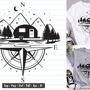 Brújula de camping Svg, Camisa de camping Svg, Escena de camping al aire libre Svg, Camping Svg, Brújula y montaña Svg, Png, Al aire libre Svg, Camping Clipart.