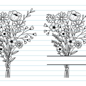 May include: Two black and white floral bouquets, each with a variety of flower types and leaves, are depicted on lined paper. One bouquet has a blank banner below it. The bouquets are tied at the stems.