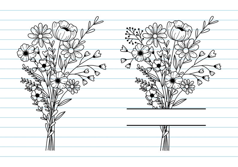 May include: Two black and white floral bouquets, each with a variety of flower types and leaves, are depicted on lined paper. One bouquet has a blank banner below it. The bouquets are tied at the stems.