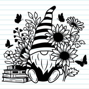 花のノーム SVG、ひまわりのノーム SVG ファイル、本のノーム SVG、ノーム SVG、ノーム PNG、ひまわり SVG、本の花 SVG、Cricut 用 SVG。