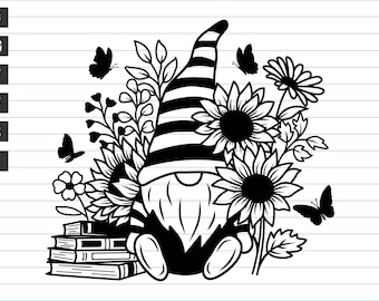 Fleur nain Svg, nain avec fichiers Svg tournesol, livre Gnome Svg, Gnome Svg, Gnome Png, tournesol Svg, livre fleur Svg, Svg pour Cricut.