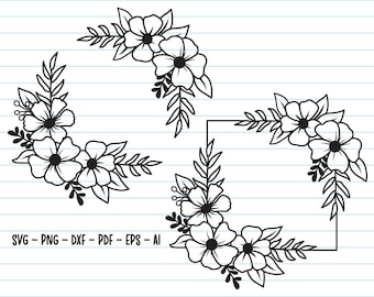 May include: Four black and white floral corner designs with simple flower and leaf shapes. The designs are perfect for adding a touch of elegance to any project.