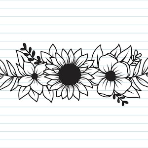 May include: Black and white line drawing of a floral arrangement with sunflowers, flowers, and leaves.