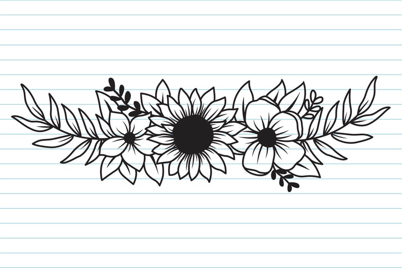 May include: Black and white line drawing of a floral arrangement with sunflowers, flowers, and leaves.