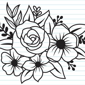 May include: A black and white line drawing of a bouquet of flowers, including a rose, a large flower with five petals, and several smaller flowers. The flowers are surrounded by leaves and stems.