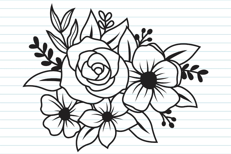 May include: A black and white line drawing of a bouquet of flowers, including a rose, a large flower with five petals, and several smaller flowers. The flowers are surrounded by leaves and stems.