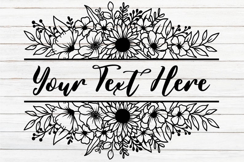 K&ouml;nnte beinhalten: Schwarzwei&szlig;es Blumenmuster mit dem Text "Your Text Here" in der Mitte. Dieses Design ist perfekt f&uuml;r die Erstellung von individuellen Schildern, Bannern oder anderen Dekorationsartikeln.