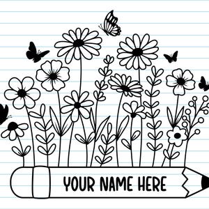 Peut inclure: Illustration en noir et blanc de fleurs et de papillons. Le dessin comprend diff&eacute;rents types de fleurs, de feuilles et de papillons. Un crayon en bas porte l'inscription "YOUR NAME HERE".