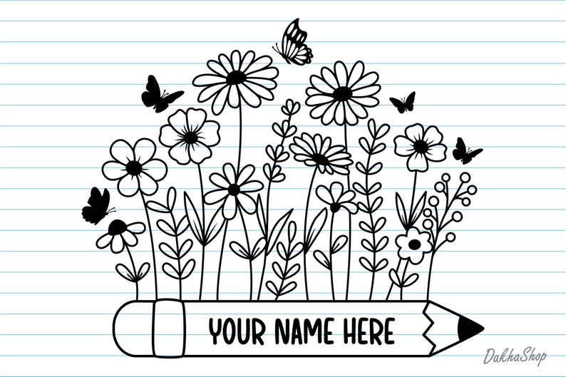 Peut inclure: Illustration en noir et blanc de fleurs et de papillons. Le dessin comprend diff&eacute;rents types de fleurs, de feuilles et de papillons. Un crayon en bas porte l'inscription "YOUR NAME HERE".