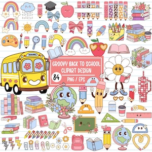 84 Groovy School Png Bundle, Retro Back to School Png, School Png, School Supplies Clip Art, Groovy Teacher Png, Retro Groovy School Png.