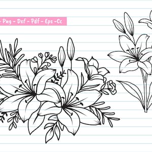 Lilie Blumen zwart, Lilie Blatt svg, Lilie's svg, handgezeichnete Lilie svg, Blumenstrauß svg, Blumensvg, Blumenhochzeit, Blumen-Svg-Dateien für Cricut.