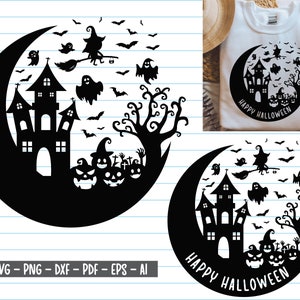 May include: Black and white silhouette design of a haunted house, a witch flying on a broomstick, a crescent moon, and a spooky tree. The design includes the text "Happy Halloween".
