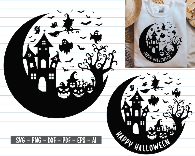 May include: Black and white silhouette design of a haunted house, a witch flying on a broomstick, a crescent moon, and a spooky tree. The design includes the text "Happy Halloween".