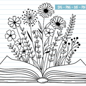 Könnte beinhalten: Eine Schwarzweiß-Zeichnung eines offenen Buches, aus dem Blumen wachsen. Das Buch liegt auf einem Blatt liniertem Papier.