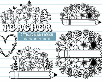 Teacher SVG, Floral Teacher Svg, Back to School SVG, Teacher Gift SVG, Teacher Shirt svg, Floral Monogram Frame svg, Flower Pencil Svg.