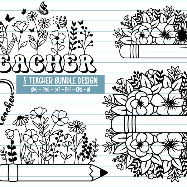 Teacher SVG, Floral Teacher Svg, Back to School SVG, Teacher Gift SVG, Teacher Shirt svg, Floral Monogram Frame svg, Flower Pencil Svg.